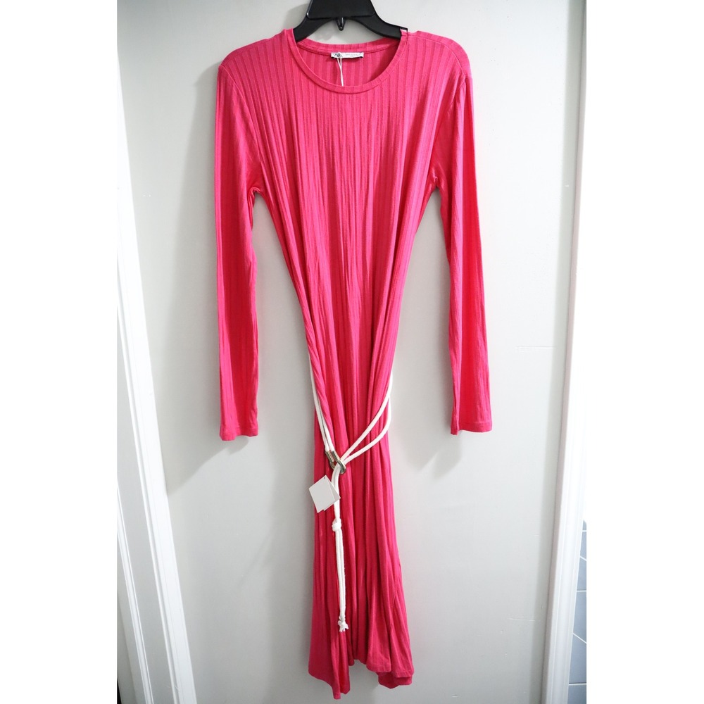 Zara Pink Ribbed Knit Long Sleeve Midi Dress with Rope Belt‎ 5584/153/630 Size M